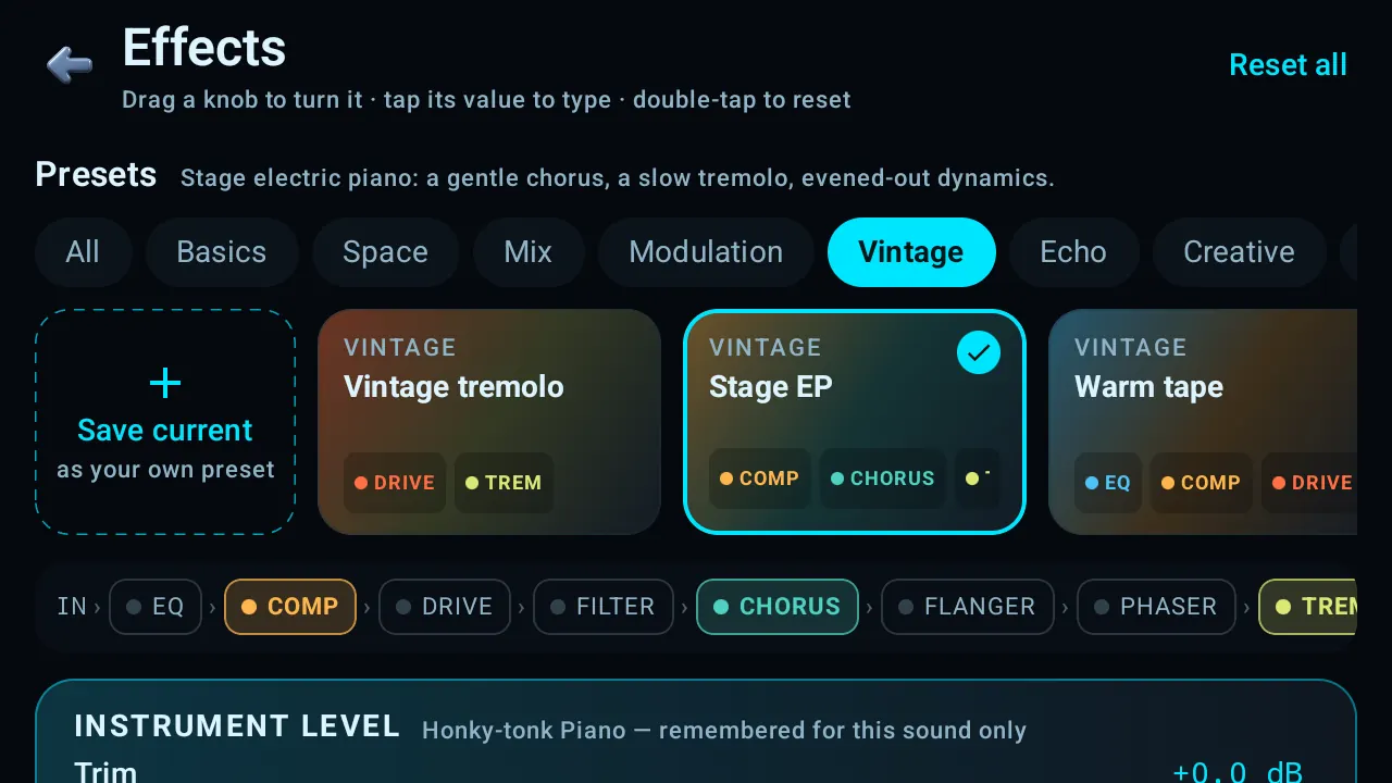 The effects rack with preset cards
