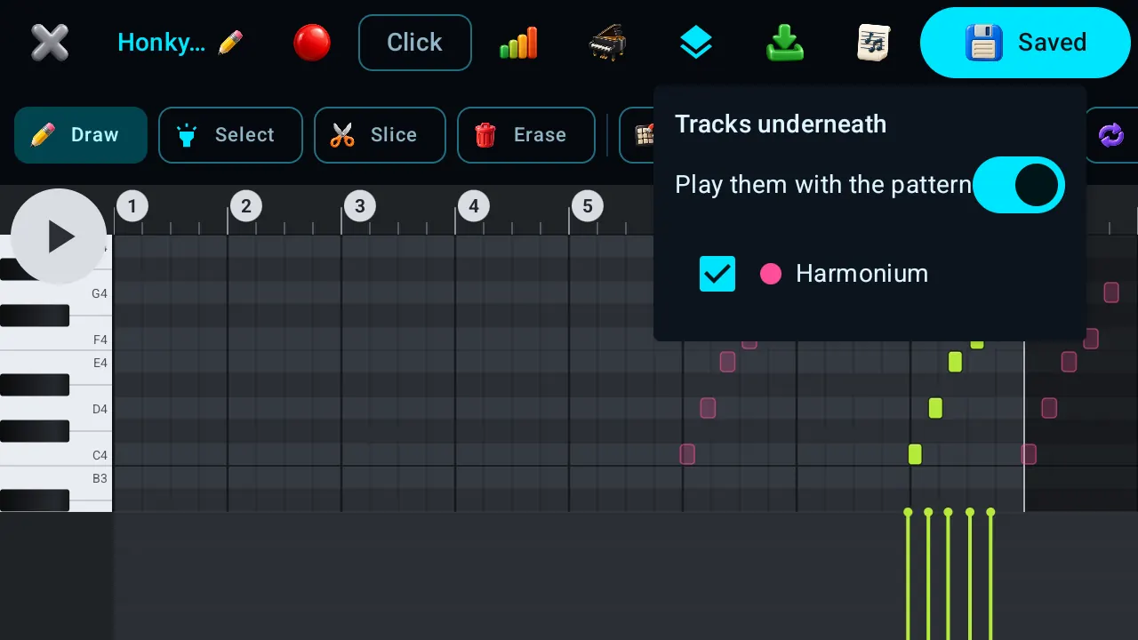 The piano roll with other tracks shown underneath