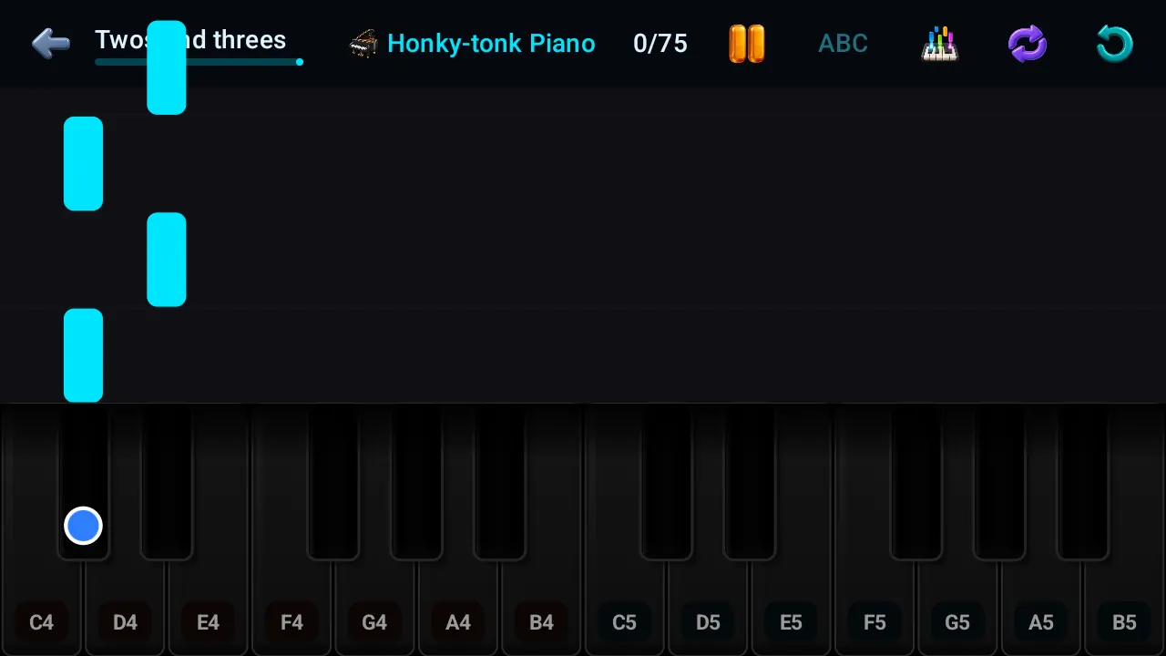 A lesson with falling notes over the keyboard