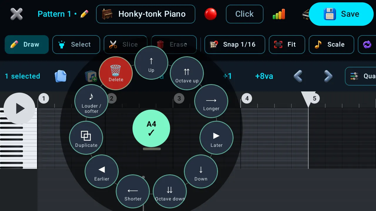 The piano roll's ring menu around a held note