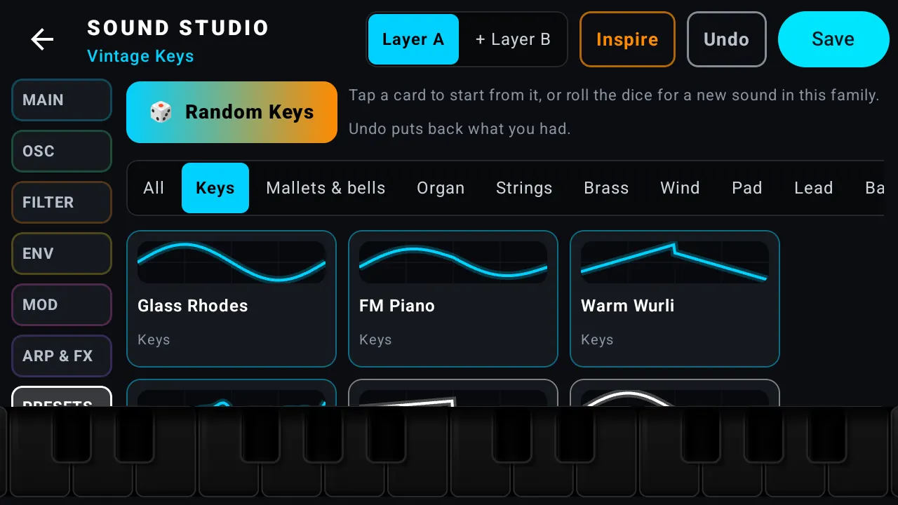 Sound Studio presets with the dice